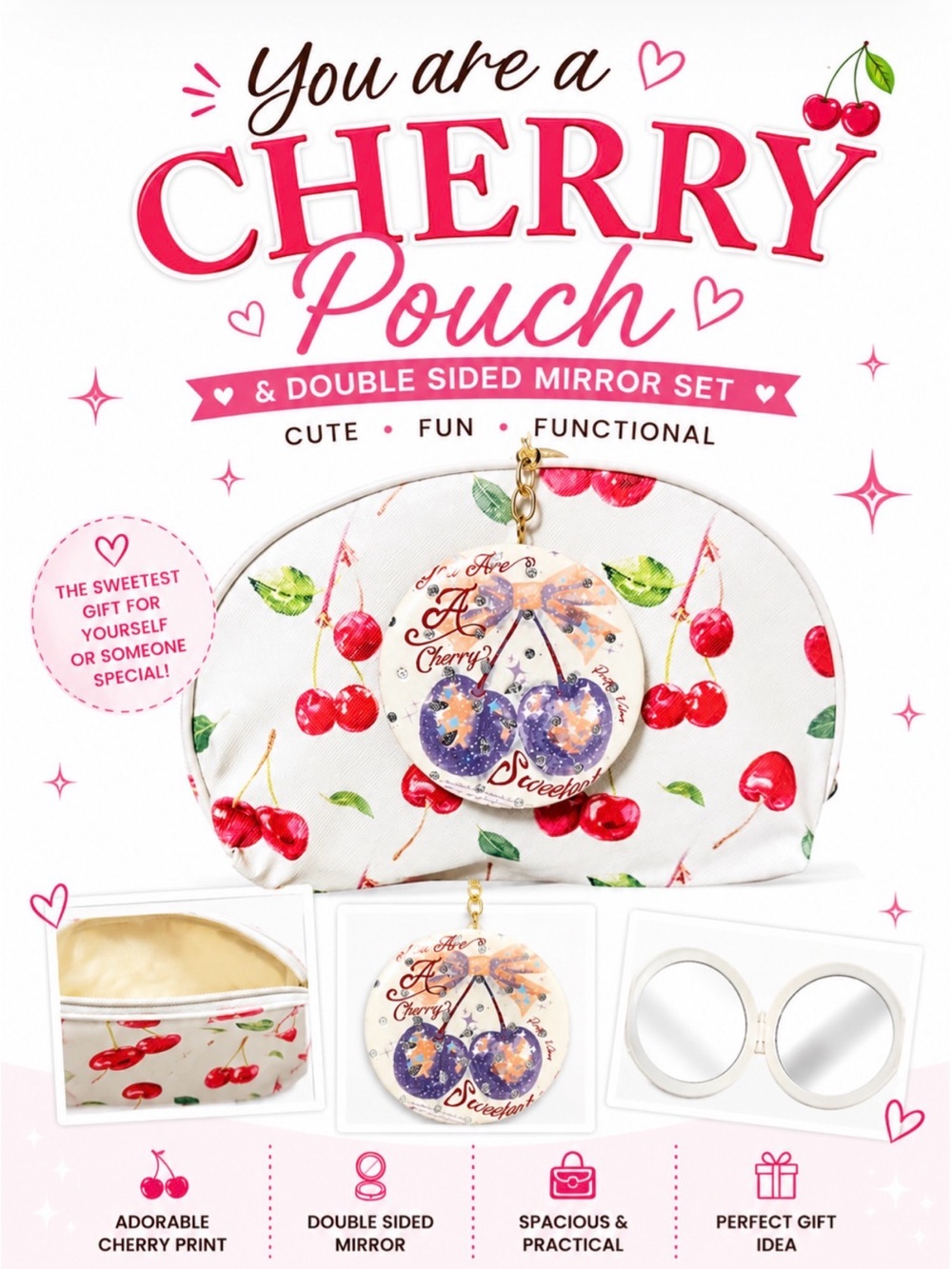 YOU ARE A CHERRY COSMETIC BAG POUCH & DOUBLE SIDED MIRROR SET